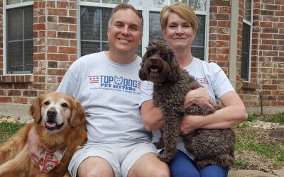 Happy pet sitters with dogs outside their home in McKinney, TX.