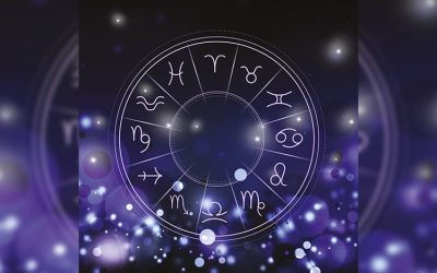 Astrology zodiac wheel with symbols of the 12 signs on a cosmic background.