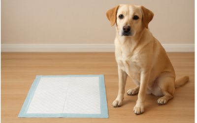 Puppy sitting next to a potty training pad on the floor.