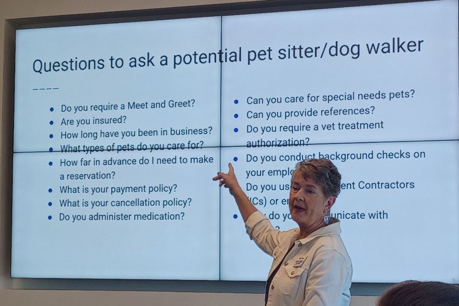 Susan of Top Dog Pet Sitters in Mckinney presenting about questions to ask a potential pet sitter or dog walker