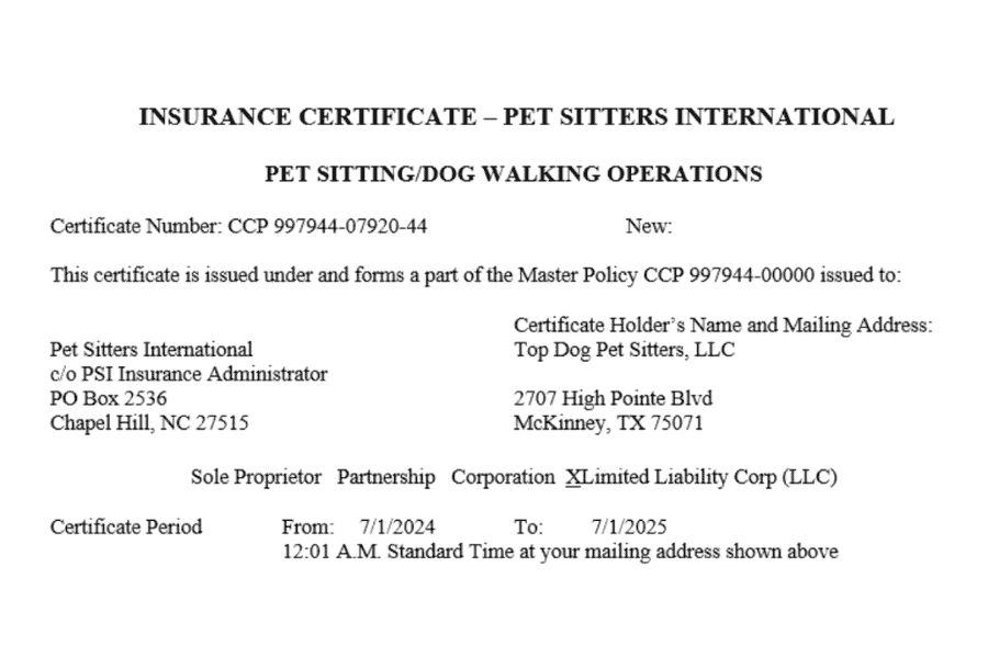 Insurance Certificate Top Dog Pet Sitter