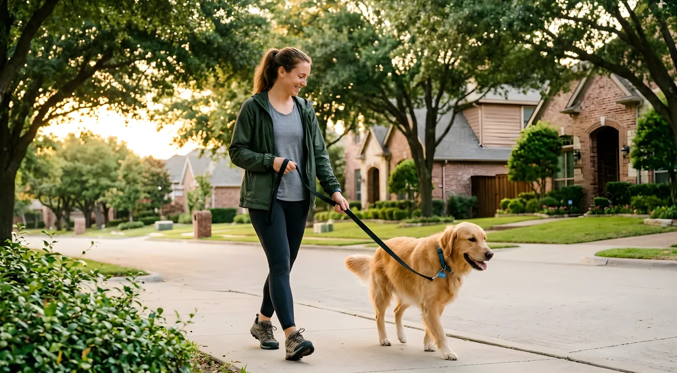 Professional dog walker with golden retriever on a flat leash in a McKinney Texas neighborhood