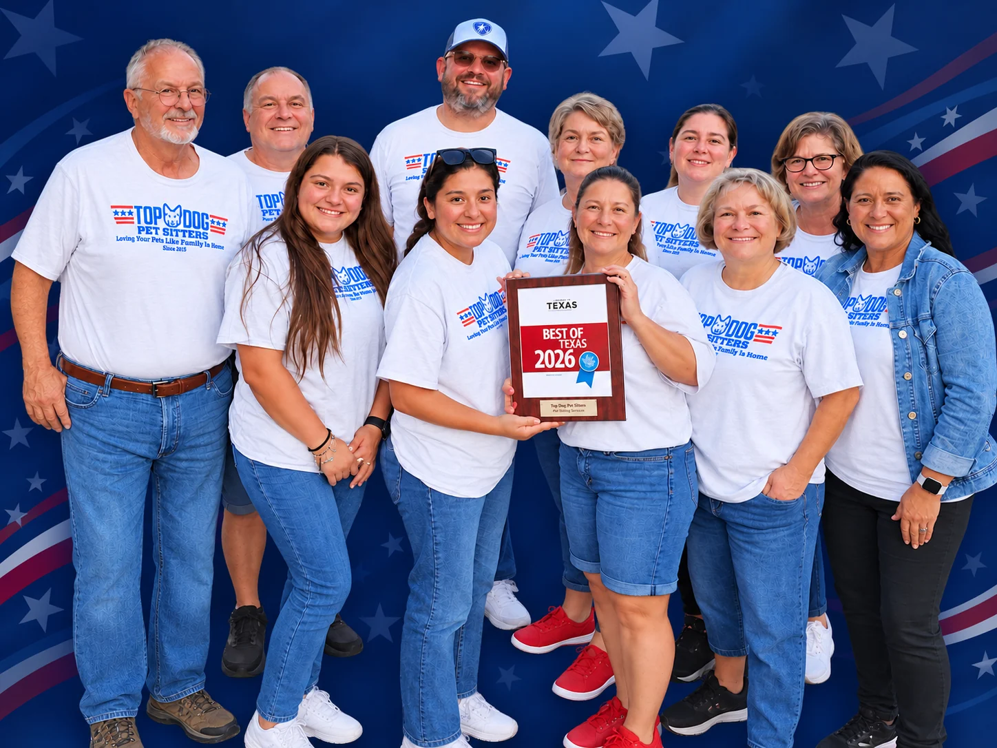 Top Dog Pet Sitters team with 2026 Best of Texas Regional Winner award The Top Dog Pet Sitters team of McKinney, TX, in matching logo T-shirts, holding their 2026 Best of Texas Regional Winner award plaque